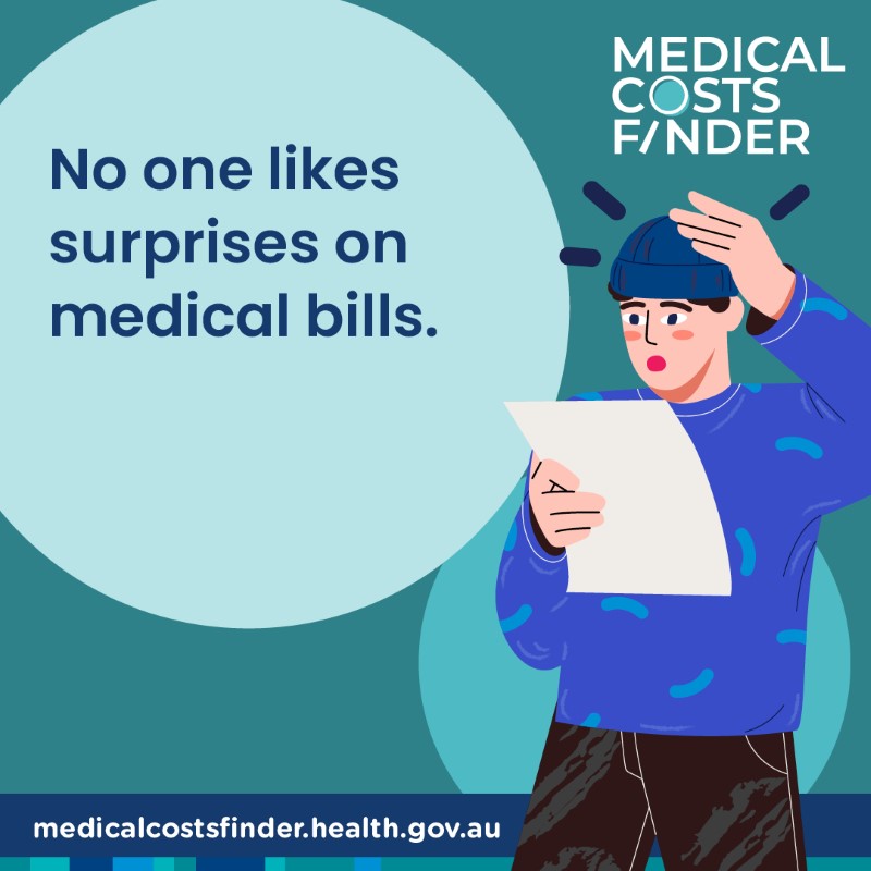 Medical Costs Finder "No one likes surprises on medical bills" social media tile. Man wearing a beanie holding a piece of paper, looking down with a hand on his head looking shocked at the price.