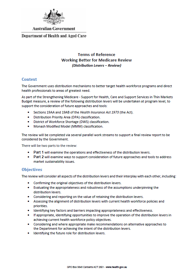 Terms of reference – Working Better for Medicare Review