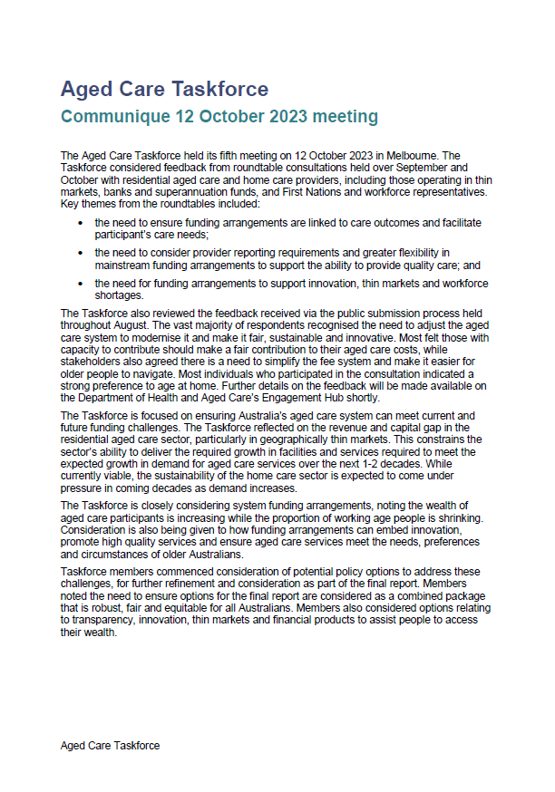 Cover image for Aged Care Taskforce communique – 12 October 2023