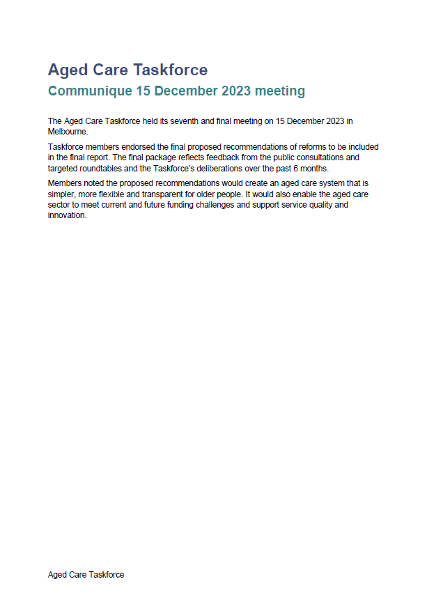Cover image for Aged Care Taskforce communique – 15 December 2023