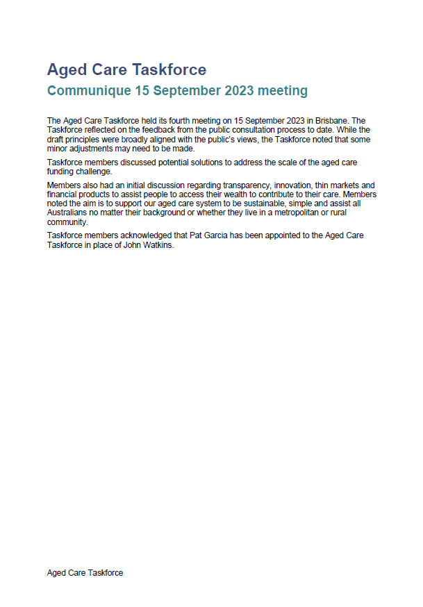 Cover image for Aged Care Taskforce communique – 15 September 2023