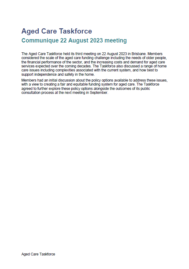 Cover image for Aged Care Taskforce communique – 22 August 2023