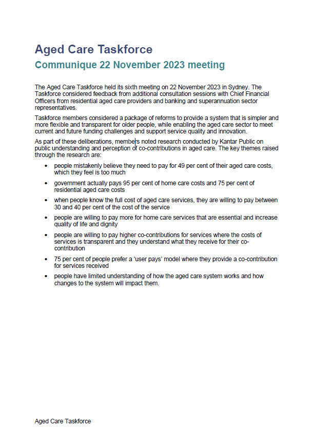 Cover image for Aged Care Taskforce communique – 22 November 2023