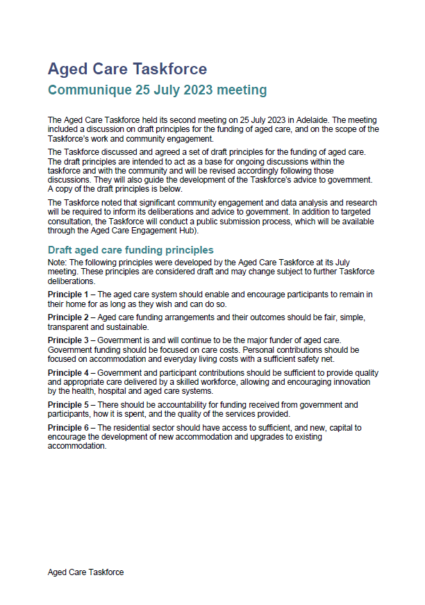 Cover image for Aged Care Taskforce communique – 25 July 2023