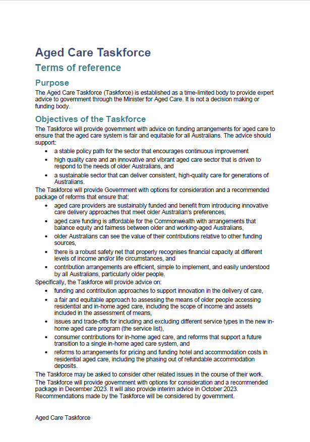Cover image for Aged Care Taskforce – Terms of reference 