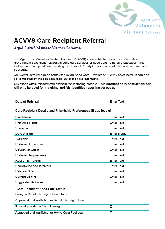 Aged Care Volunteer Visitors Scheme (ACVVS) – Care recipient referral form