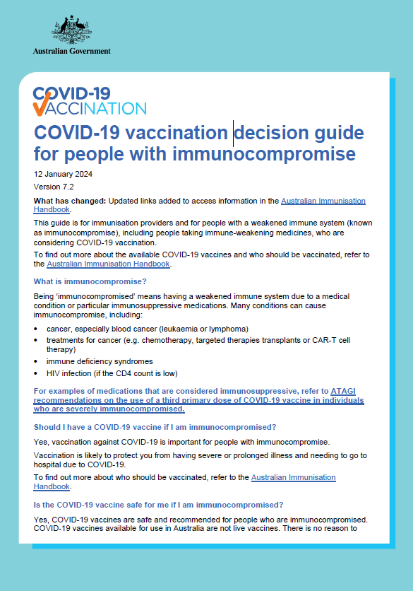 ATAGI – COVID-19 vaccination – Shared decision making guide for people with immunocompromise cover page