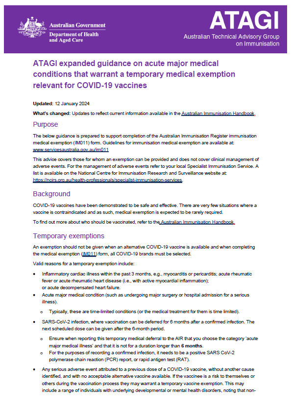 ATAGI Expanded Guidance on temporary medical exemptions for COVID-19 vaccines cover page
