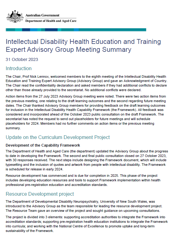 Intellectual Disability Health Education and Training Expert Advisory Group – Meeting summary