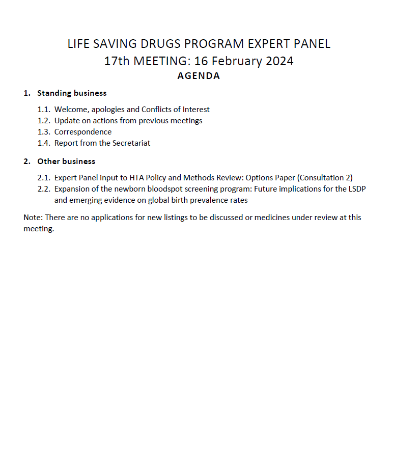 Life Saving Drugs Program (LSDP) Expert Panel meeting agenda cover image