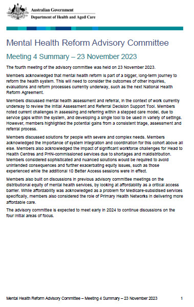 Mental Health Reform Advisory Committee meeting summary – 23 November 2023