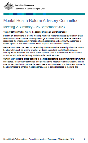 Mental Health Reform Advisory Committee meeting summary – 26 September 2023