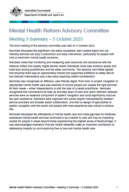 Mental Health Reform Advisory Committee meeting summary – 5 October 2023
