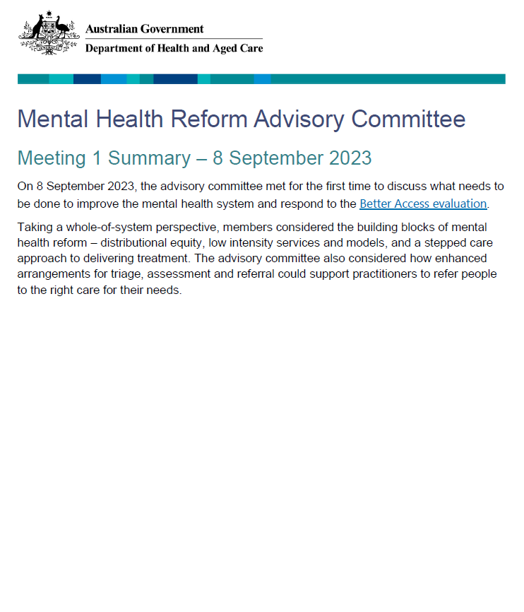 Mental Health Reform Advisory Committee meeting summary – 8 September 2023
