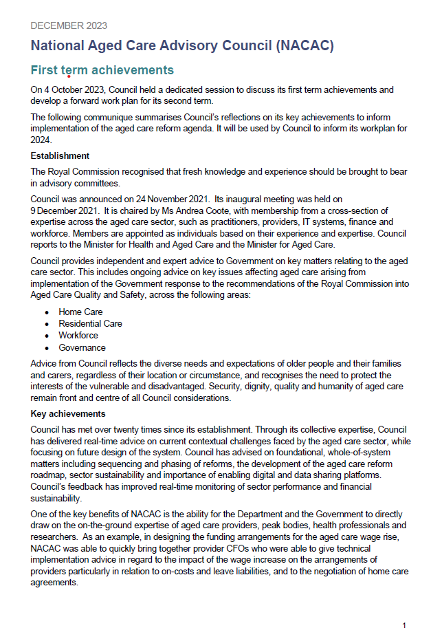 National Aged Care Advisory Council communique – First term achievements cover page