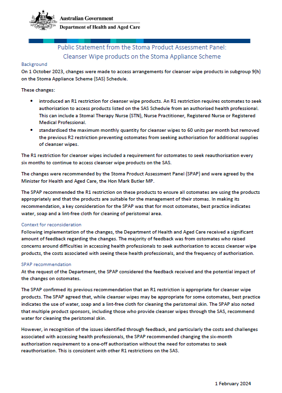 Stoma Product Assessment Panel – Public Statement – Cleanser Wipes cover page