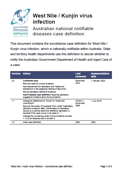 West Nile / Kunjin virus infection – Surveillance case definition cover page