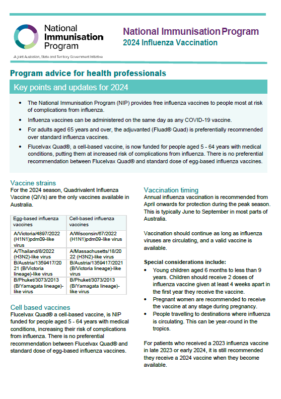 2024 influenza vaccination Program advice for health professionals