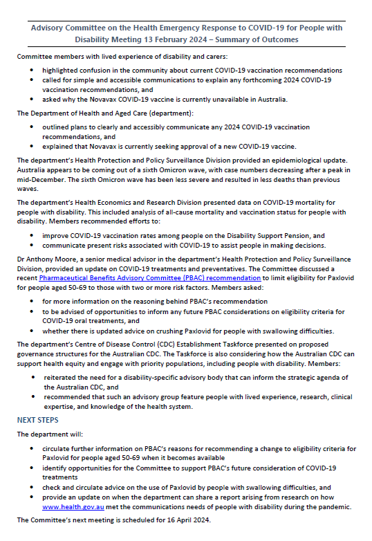Committee for the COVID-19 Response for People with Disability – Summary of outcomes 13 February 2024