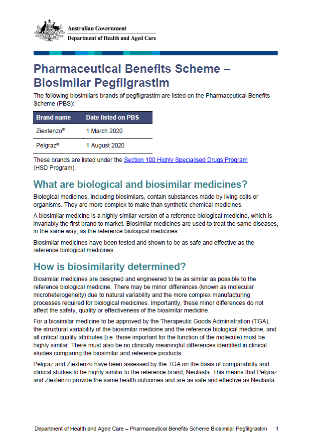 Biosimilar medicine fact sheet – pegfilgrastim