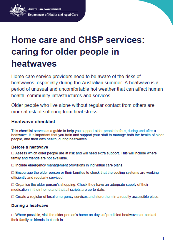 Cover page for the Home care and CHSP service caring for older people in heatwaves fact sheet