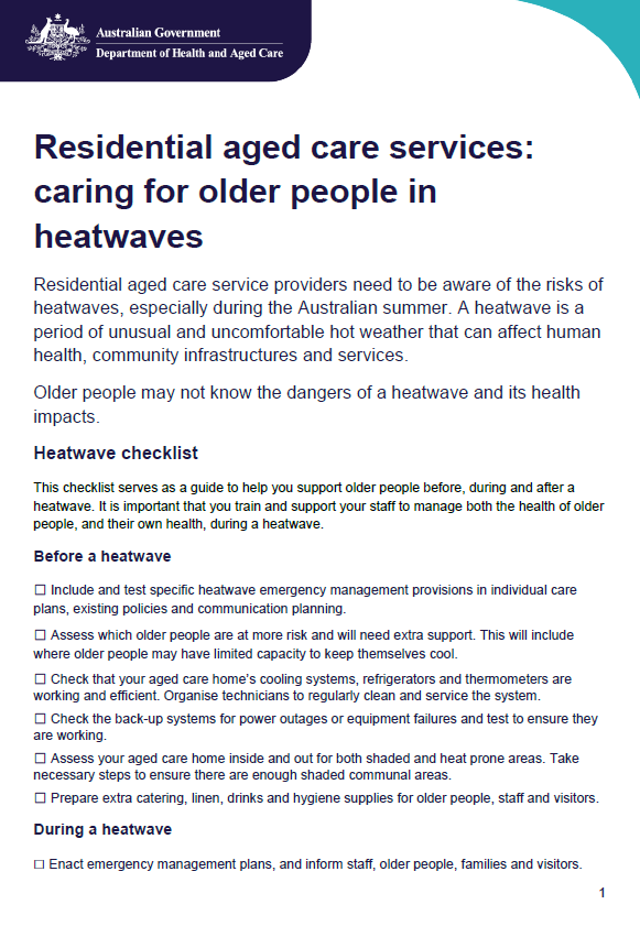 Cover page for the Residential aged care services caring for older people in heatwaves fact sheet
