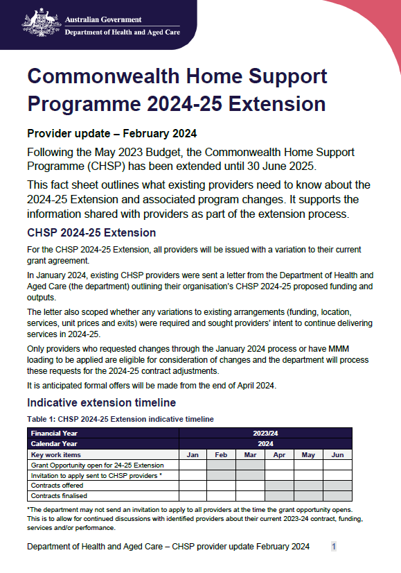Cover image for Commonwealth Home Support Programme (CHSP) 2024–25 extension – Provider update