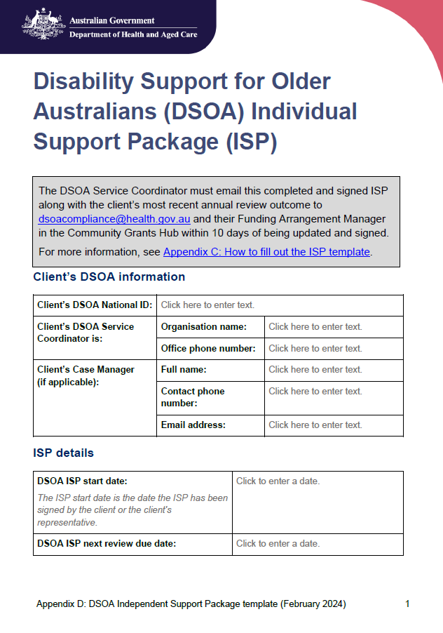 DSOA Program manual – Appendix D – Individual Support Package (ISP) template