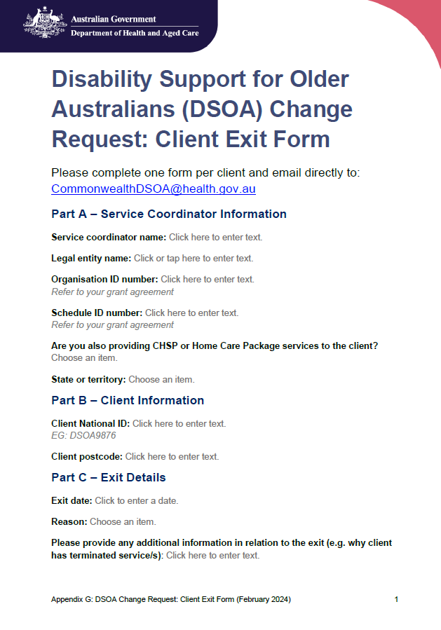 DSOA Program manual – Appendix G – Change request: client exit form