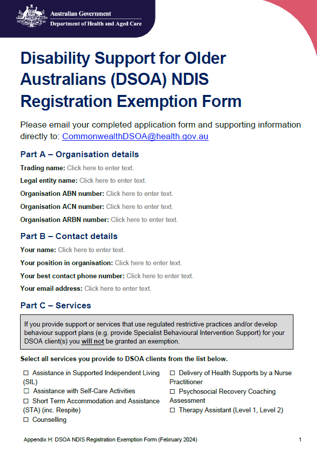 DSOA Program manual – Appendix H – NDIS Registration Exemption Form
