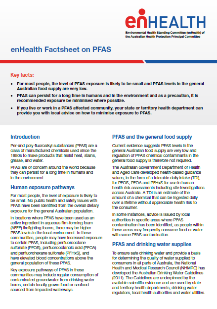 Cover page enHealth Factsheet on Per- and polyfluoroalkyl substances (PFAS)