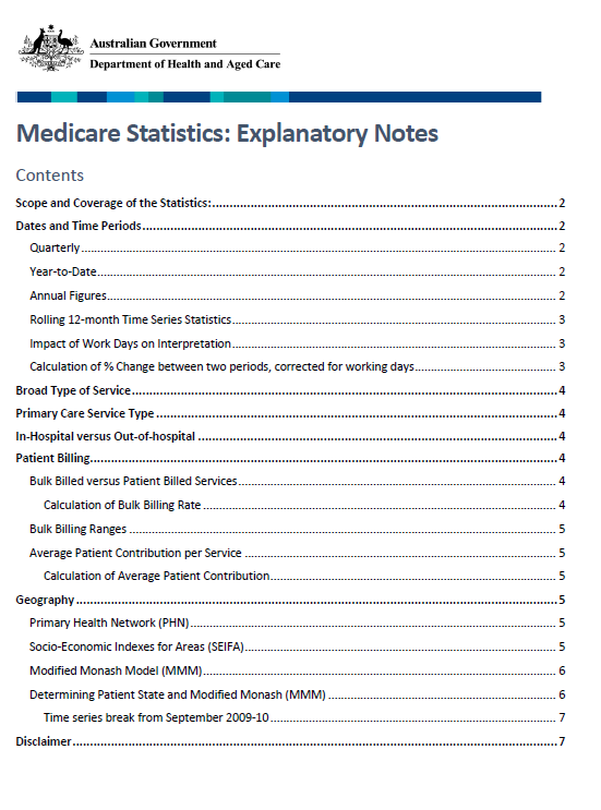 Cover page for the Explanatory notes for Medicare statistics