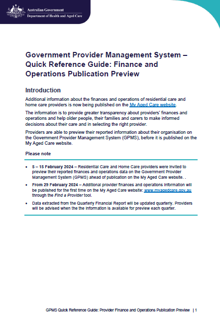 Cover page of the GPMS – Quick Reference Guide – Provider Finance and Operations Publication Preview