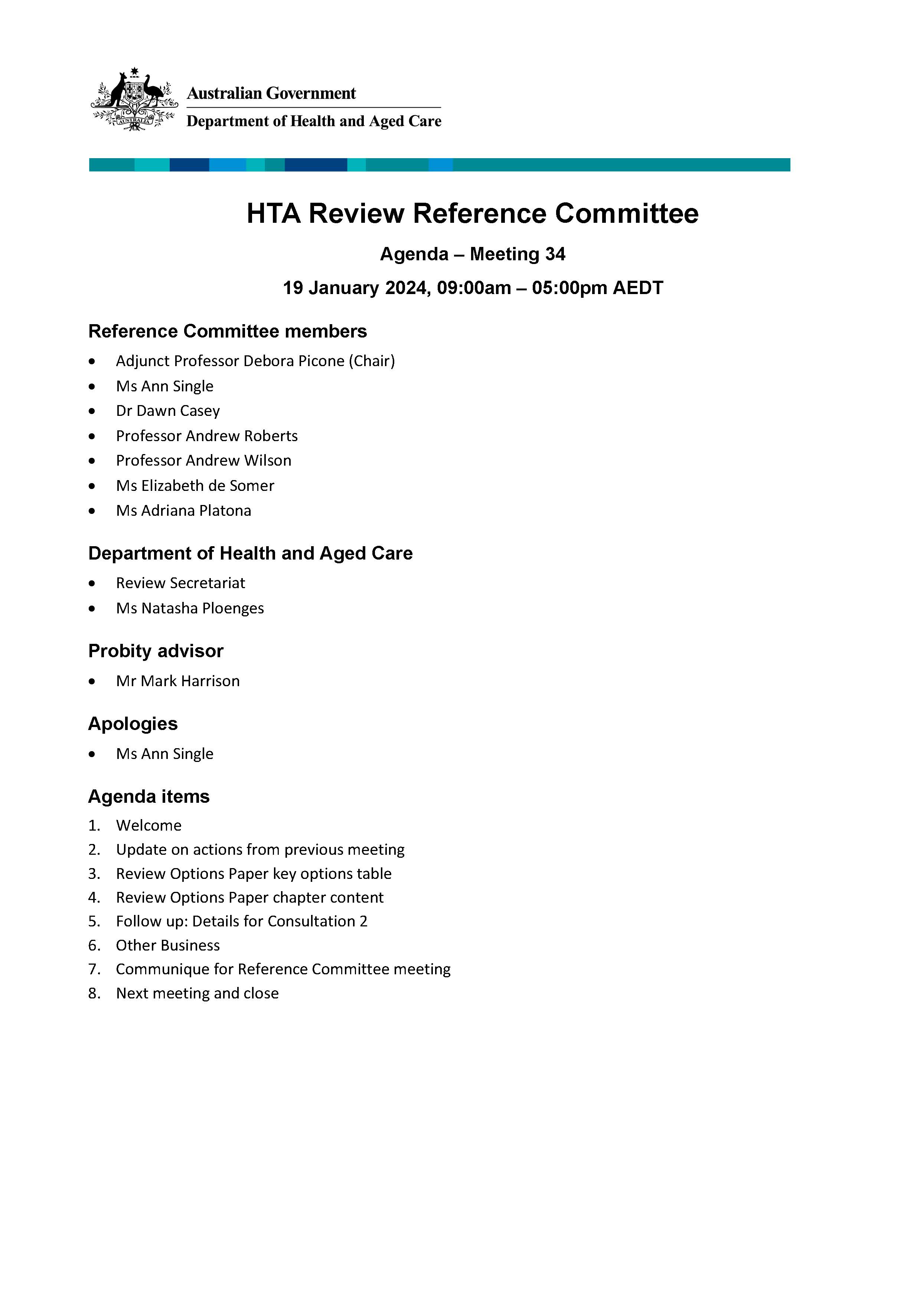 Health Technology Assessment Policy and Methods Review – Reference committee meeting agenda – 19 January 2024