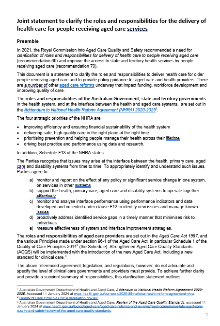 Joint Statement aged care roles coverpage