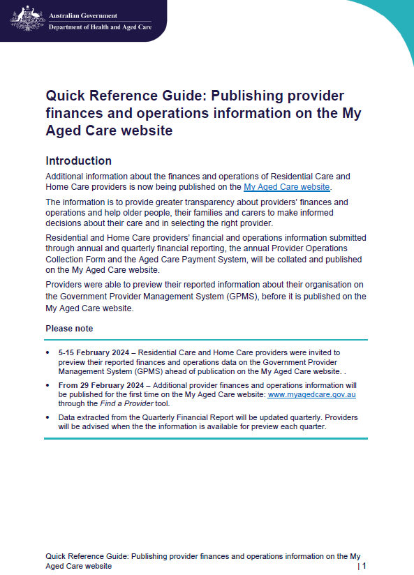 Cover page for the Publishing provider finance and operations information on the My Aged Care website – Quick Reference Guide