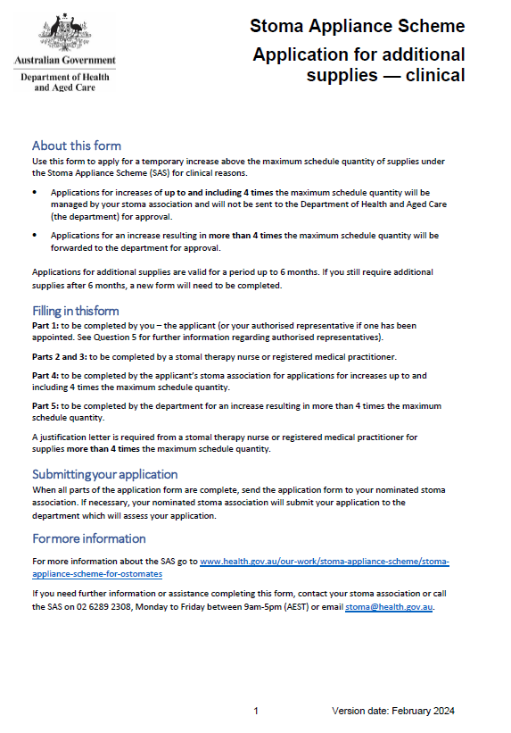 Stoma Appliance Scheme – Application form for additional supplies – Clinical