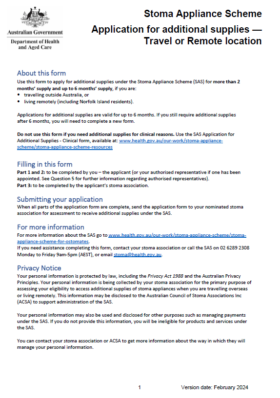 Stoma Appliance Scheme – Application form for additional supplies – Travel or remote location