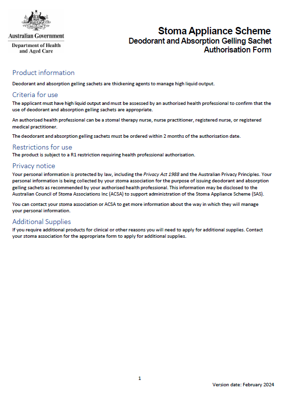 Stoma Appliance Scheme – Deodorant and absorption gelling sachets authorisation form