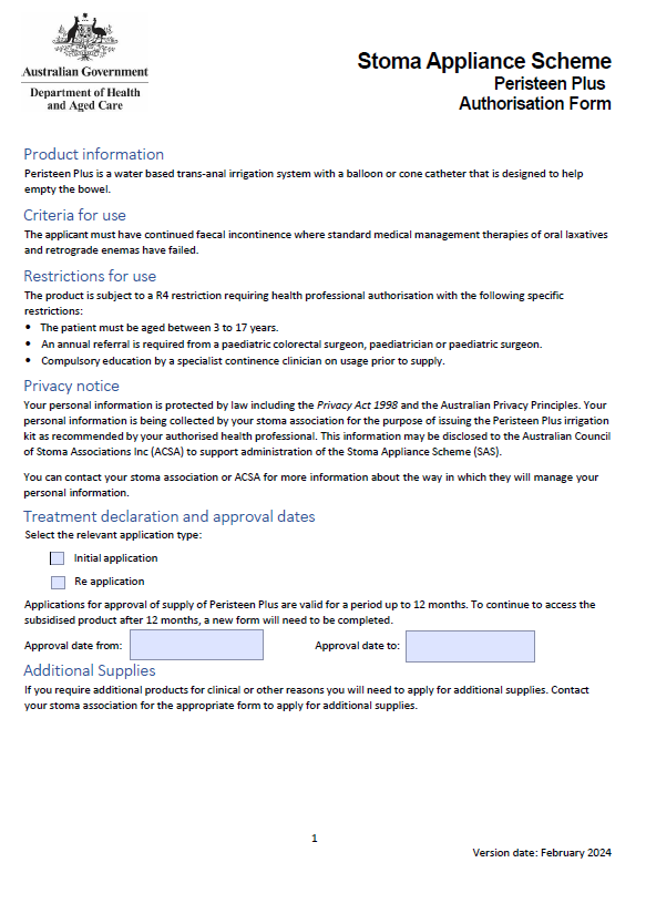Stoma Appliance Scheme – Peristeen Plus authorisation form