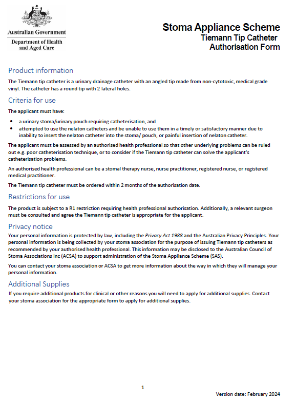 Stoma Appliance Scheme – Tiemann tip catheter authorisation form