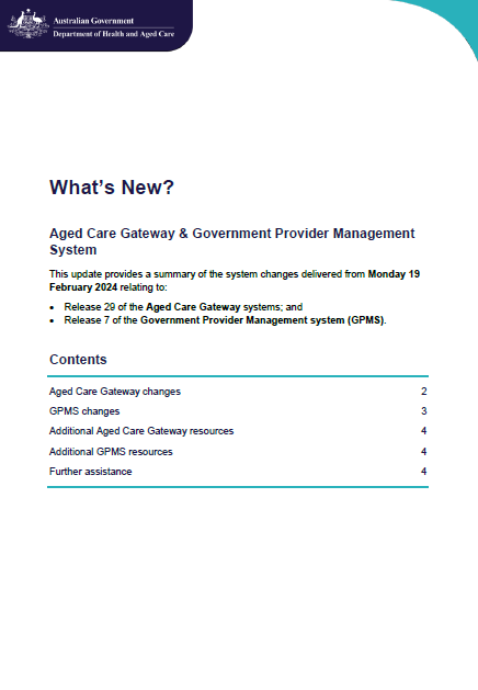 Cover page for the Summary of Aged Care Gateway and Government Provider Management System (GPMS) changes – February 2024