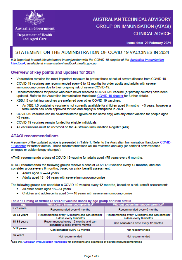 ATAGI statement on the administration of COVID-19 vaccines in 2024