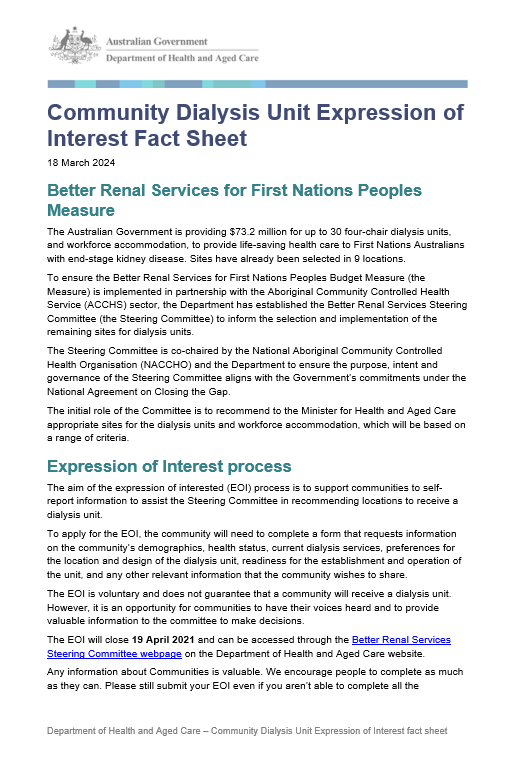 Community Dialysis Unit Expression of Interest – fact sheet and FAQs