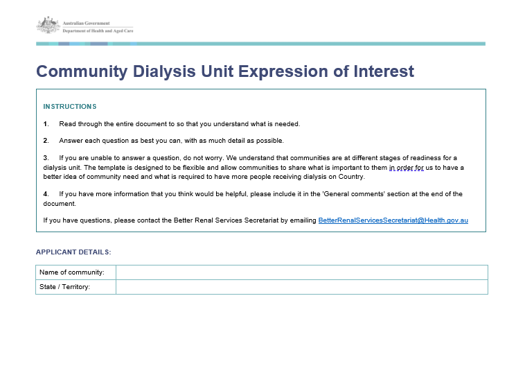 Expression of Interest form – Community Dialysis Unit