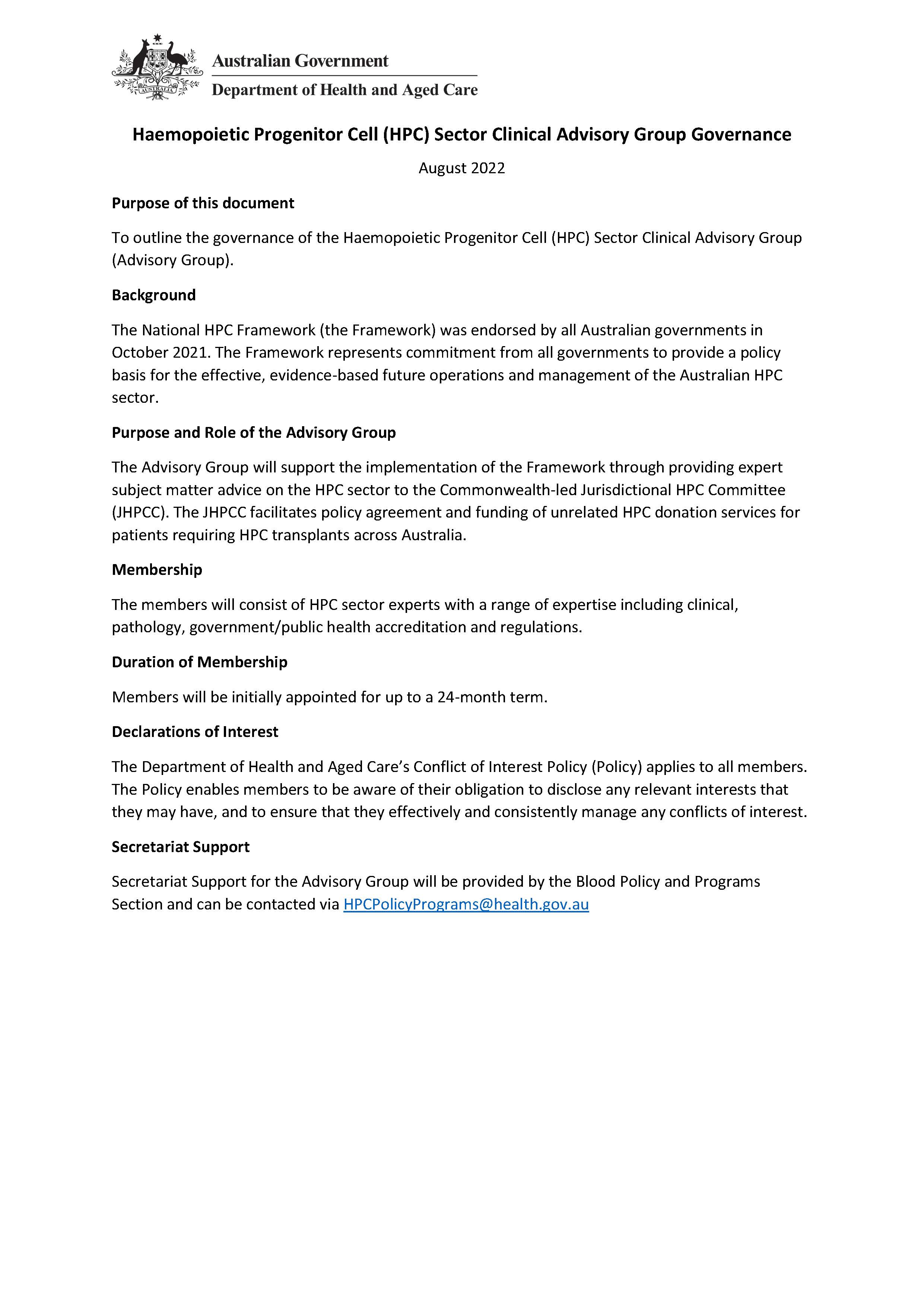 Haemopoietic Progenitor Cell (HPC) Sector Clinical Advisory Group Governance