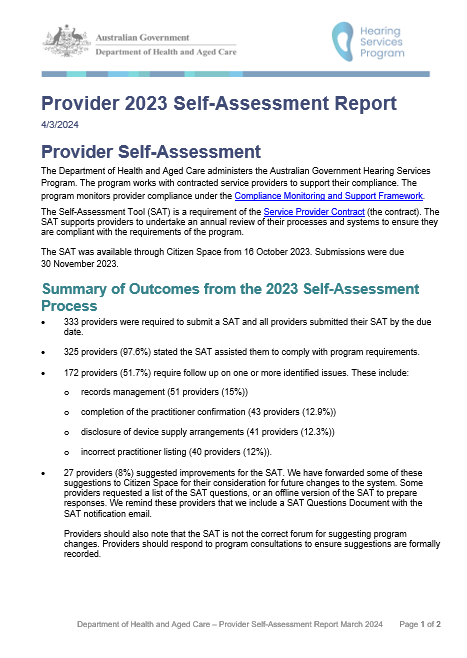 Hearing Services Program provider self-assessment outcomes report