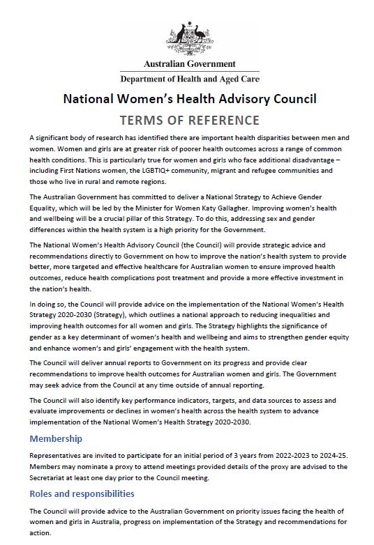 Cover page for the National Women’s Health Advisory Council – Terms of reference