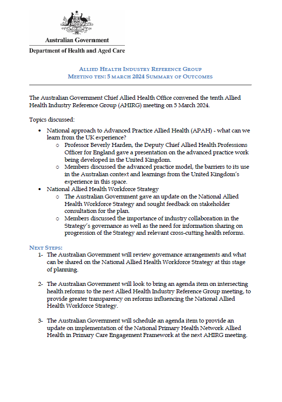 Allied Health Industry Reference Group – Summary of outcomes – 5 March 2024