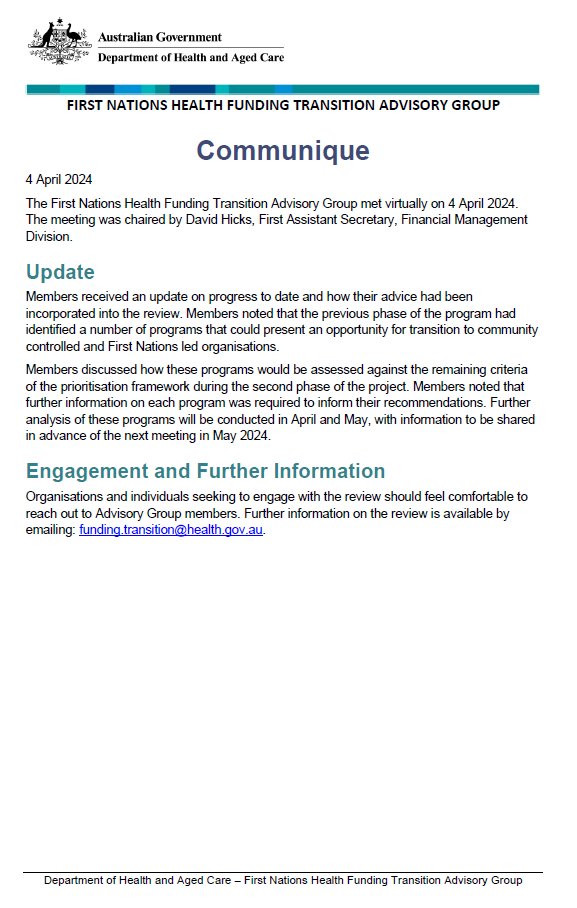 First Nations Health Funding Transition Advisory Group communique